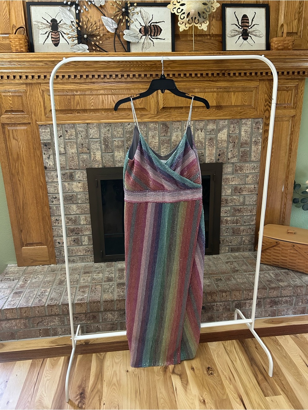 SAYLOR Meghan Rainbow Stripe Metallic Sequin Faux Wrap Midi Dress - Size XL